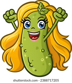 Blonde pickle Girl Cartoon Charakter mit vollen Wimpern und rosafarbenen Lippenstift jubeln mit ihren Fäusten in der Luft mit lustiger liebevoller Spannung