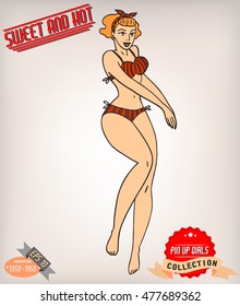 Blonde pin up girl illustration with vintage labels. American style