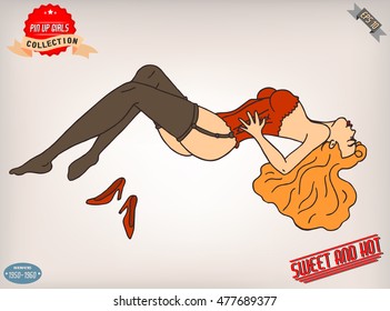 Blonde pin up girl illustration with vintage labels. American style