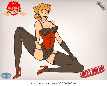 Blonde pin up girl illustration with vintage labels. American style