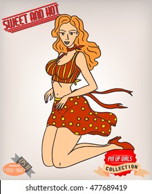 Blonde pin up girl illustration with vintage labels. American style