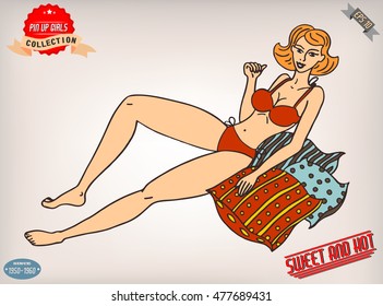 Blonde pin up girl illustration with vintage labels. American style