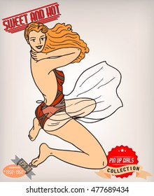 Blonde pin up girl illustration with vintage labels. American style