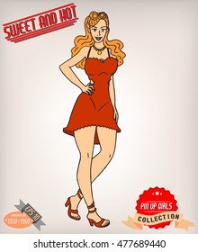 Blonde pin up girl illustration with vintage labels. American style