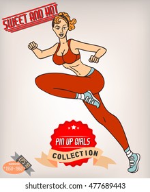 Blonde pin up girl illustration with vintage labels. American style