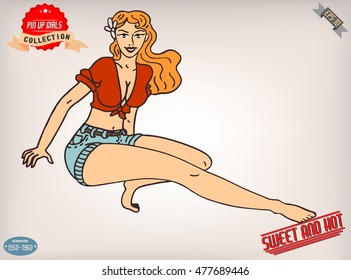 Blonde pin up girl illustration with vintage labels. American style