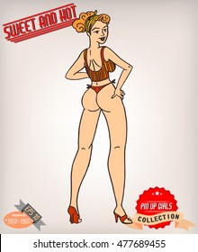 Blonde pin up girl illustration with vintage labels. American style