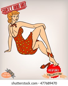 Blonde pin up girl illustration with vintage labels. American style