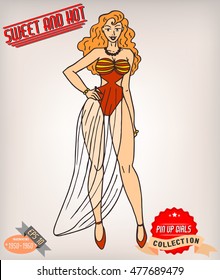 Blonde pin up girl illustration with vintage labels. American style