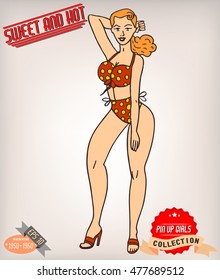 Blonde pin up girl illustration with vintage labels. American style