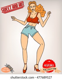 Blonde pin up girl illustration with vintage labels. American style