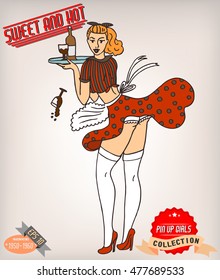 Blonde pin up girl illustration with vintage labels. American style