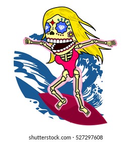 blonde in a pink bikini surfing on a steep wave. Vector flat and linear Illustration of skeleton. Web banners, advertisements, brochures, business templates. Isolated on a white background.