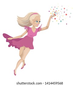 Blonde in pink with sparkles around, magic and fantastic character. Vector cartoon flat illustration on white background. Isoleted character