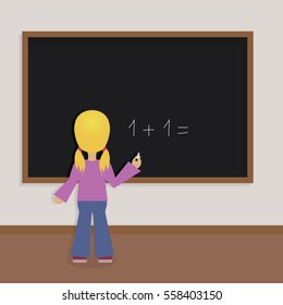 Blonde ponytail girl doing mathematics on blackboard in school. Young student in classroom cartoon design vector illustration.