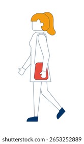 Blonde ponytail woman walking with purse 2D cartoon character. Side view modern lady wearing dress and carrying handbag flat vector faceless person isolated on white. Spot illustration colorful
