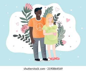 A blonde pregnant lady with her husband with flowers on the background. Vector illustration for advertising and web materials