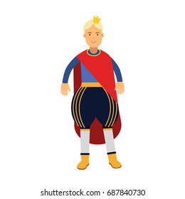 Blonde prince in red mantle and gold crown, fairytale or medieval character, colorful vector Illustration