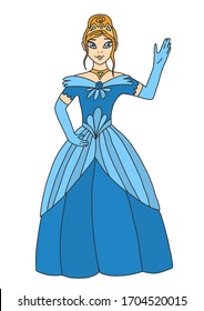 The blonde princess in a crown and a blue luxurious dress welcomes her subjects. The queen waves her hand. The daughter of the king and queen. Vector illustration in cartoon style