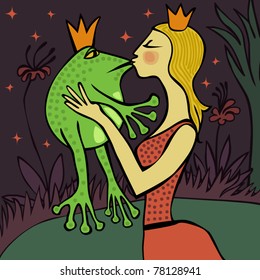 Blonde princess kissing the frog at night