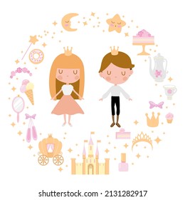 
blonde princess and prince in fairy frame on the white background