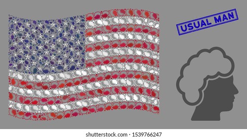 Blonde profile items are combined into American flag abstraction with blue rectangle grunge stamp watermark of Usual Man text.