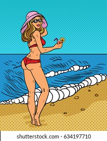 Blonde in a red bathing suit. He drinks a cocktail. A pink hat in the wind. Vector Illustration in pop art style