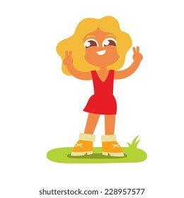 blonde in red, cartoon flat style vector illustration.