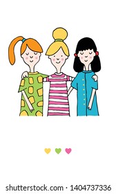 Blonde, red and dark haired young girls best friends in cute dresses hugging, isolated on white background