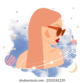 Blonde in red sunglasses against the background of the starry sky. Vector illustration for horoscope and zodiac signs. Female horoscope. stars and planets. Signs of the Virgo, Capricorn, Aquarius