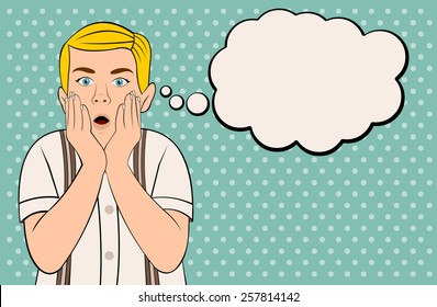 Blonde retro boy surprised. Vintage art.