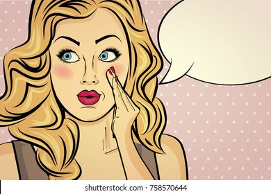 blonde retro lady with bubble message, pop art woman