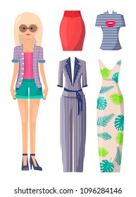 Blonde in round sunglasses with clothes set. Young girl has summer outfits. Female character and spare dress or suit cartoon vector illustrations.