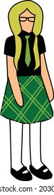 Blonde school girl with two ponytails and glasses in black short sleev shirt with green tir in green checkered skirt white tights and black shoes vector art logo isolated