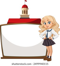 Blonde schoolgirl standing beside a blank signboard