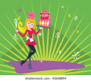 Blonde sexy baker. Vector illustration of a sexy cook showing her finished work.