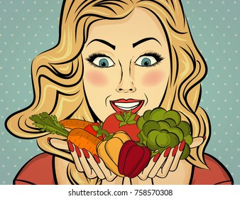 blonde sexy lady with vegetable in her hands, pop art woman