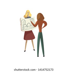 Blonde shows her colleague a draft on paper. Vector illustration on white background.