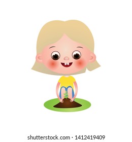 Blonde smiling cute girl take care oft green plant