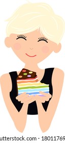 Blonde smiling woman eating slice of rainbow celebration cake. Cute clear backed vector illustration.