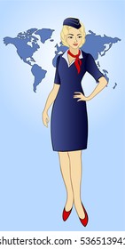 Blonde stewardess in blue uniform on the blue background with world map