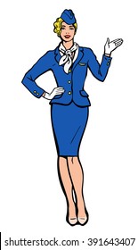 Blonde stewardess. Vector stewardess in blue uniform. Stewardess on a white background. Empty space for information. Stewardess in blue suit and gloves