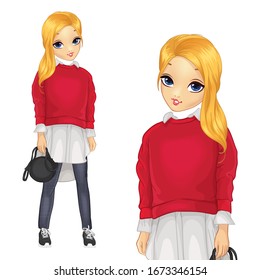 Blonde student girl dressed in long white shirt and red sweater