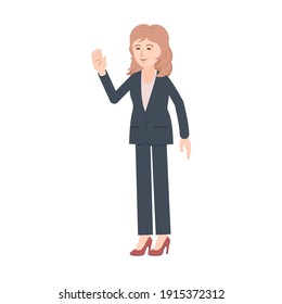 A blonde in a suit. Vector image of a woman for animation. Editable strokes. All the details are on separate layers. A young woman in a gray suit on a white background waves her hand.