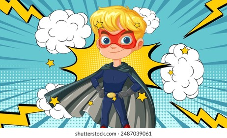 Blonde superhero with cape and mask