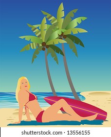 a blonde surfer on the beach with her board