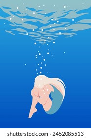 Rubia en traje de baño bajo el agua en la piscina. Nadar en la piscina. Spa y resort. El mar y el océano. Ilustración plana de Vector