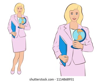 Blonde teacher woman isolated on white background, half-length and full-length portraits