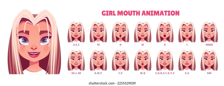 Blonde teen girl mouth animation set isolated on white background. Lip sync collection. Vector cartoon illustration of female teenager pronouncing different sounds, angry and sad face expressions