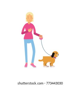 Blonde teen girl walking with her dog colorful cartoon vector Illustration